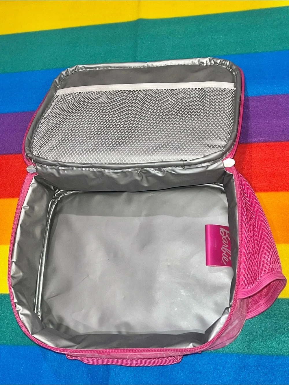 Barbie Pink Holographic Rainbow Logo Insulated Lunch Bag, soft handle name tag